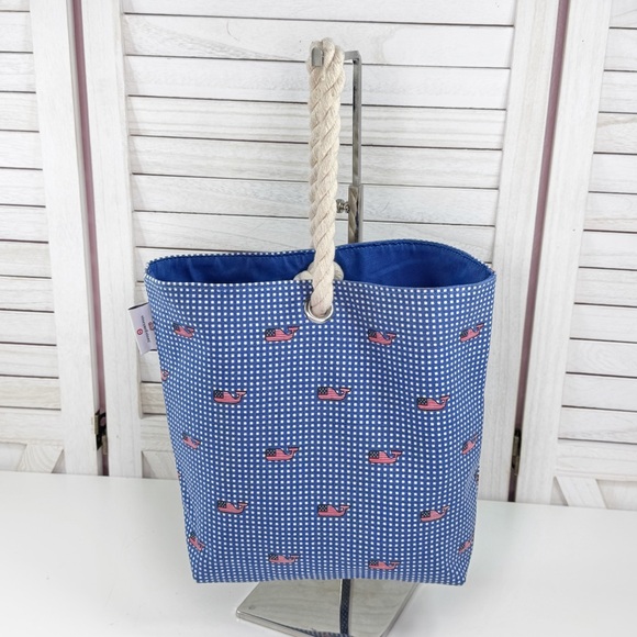 Vineyard Vines Target Gingham American Flag Whale Print Small Tote Bag Blue - Picture 11 of 11